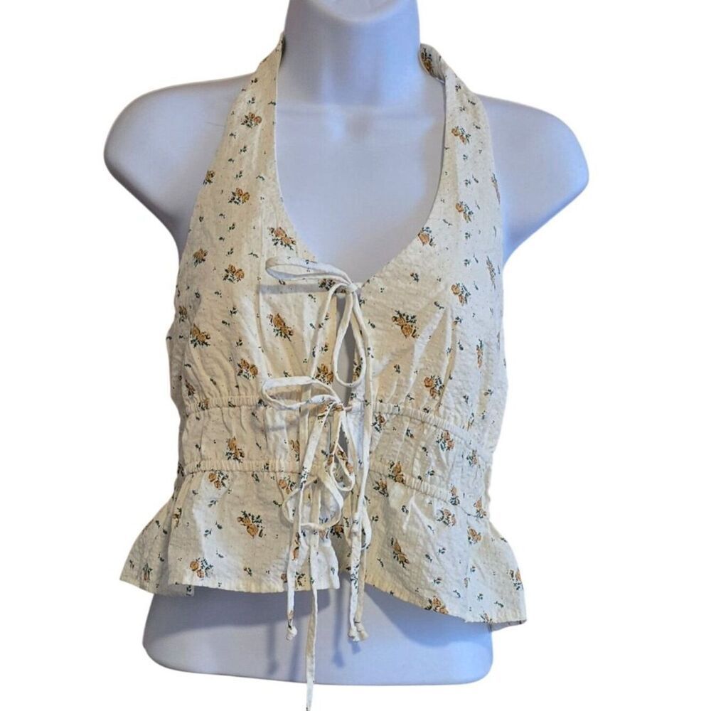 Floral Print Halter Top Cream Yellow Roses Lightweight boho hippie cottagecore